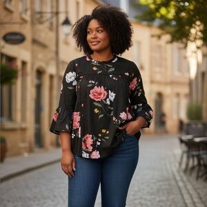 Old Navy Black & Pink Floral Swing Top with Bell Sleeves & Ruffles - Size XXL